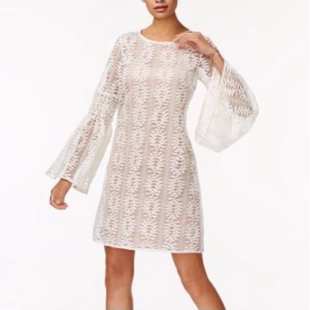 Michael Kors Size XS White Lace Dress with Bell Sleeves and Nude Bodycon Lining